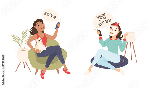 Social media blogging. People creating content for blog and streaming online. Fashion beauty blogger vector illustration