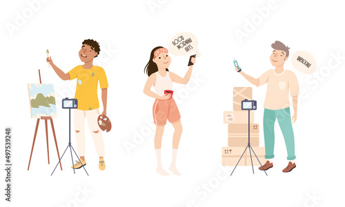 Social media blogging. People creating content for blog and streaming online. Bloggers painting on canvas and unpacking parcels vector illustration