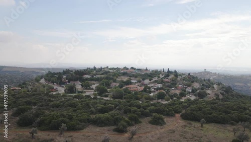 Aerial Panning Scenic View Of Houses Over Landscape In Village - Katzir, Israel photo