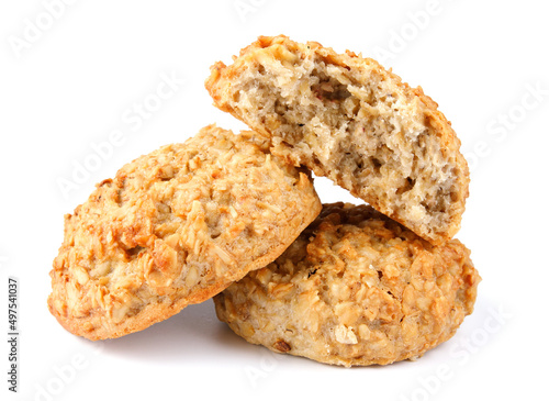 Fresh handmade oatmeal cookies isolated on white background. Full clipping path.
