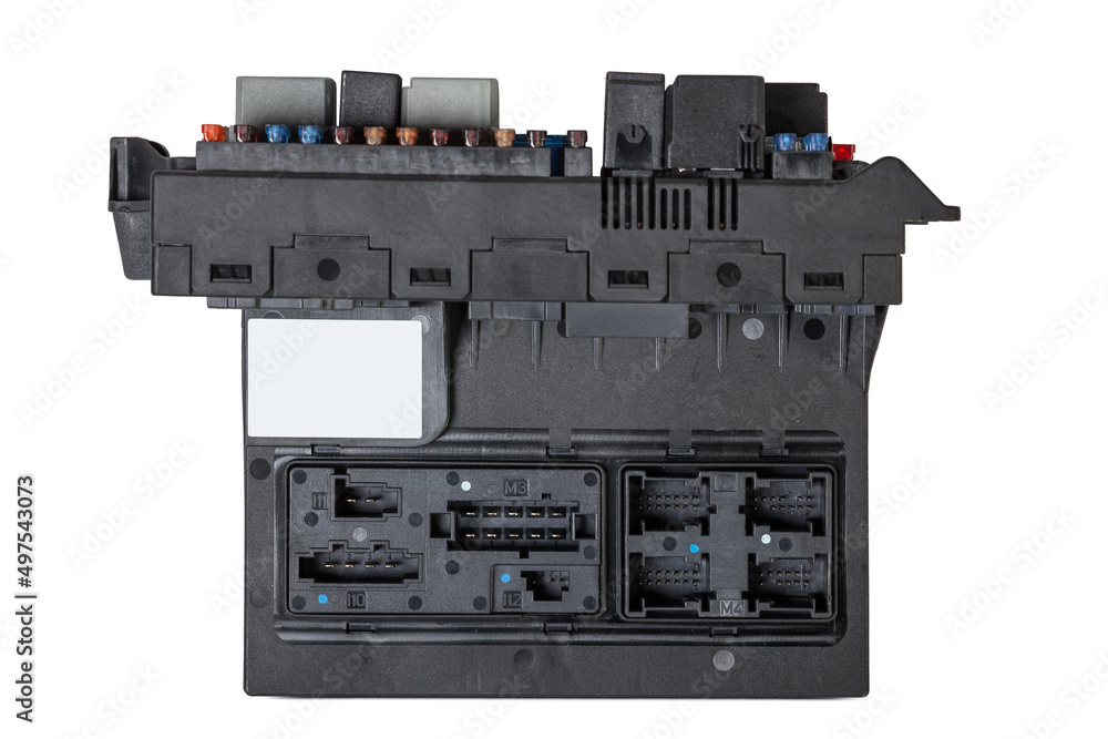 A plastic car engine control unit with metal elements on a white isolated background is the connecting center of various subsystems, units and assemblies. Spare part for repair in a auto service A plastic car engine control unit with metal elements on a white isolated background is the connecting center of various subsystems, units and assemblies. Spare part for repair in a auto service