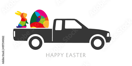 greeting card happy easter colourful vector illustration - truck with easter egg and bunny photo