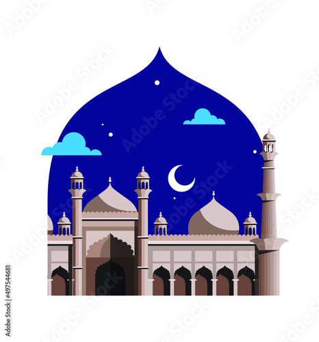 Jama Masjid in Delhi, famous monument of India. colorful Vector abstract flat illustration