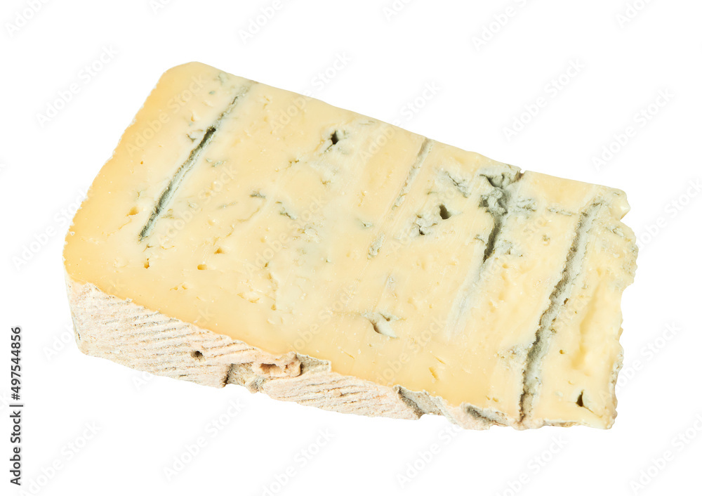 Piece of gorgonzola cheese isolated on white background with clipping path.