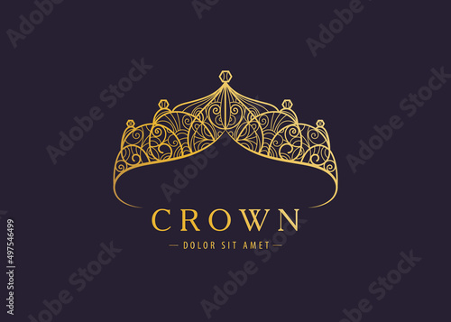 Abstract luxury, royal golden company logo icon vector design. Elegant crown, tiara, diadem premium symbol. Hand drawn lace jewelry, arabic, restaurant, hotel logotype.