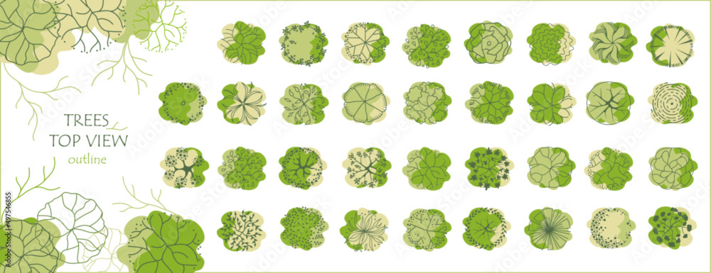 Set of vector trees. Entourage design. Various trees, bushes, and shrubs, top view for the landscape design plan. Vector illustration. Set of vector trees. Entourage design. Various trees, bushes, and shrubs, top view for the landscape design plan. Vector illustration.