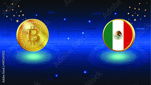 Shiny gold Bitcoin crypto currency coin and Mexican flag on abstract digital background. Mexico legalize Bitcoin and cryptocurrencies.
