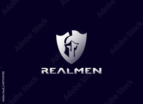 Abstract Shield Logo.  Geometric Shape Shield with Warrior Silhouette Style. Flat Vector Design Template Element