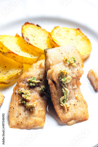 salmon fillet with garlic pesto and fried potatoes