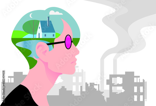 Vector illustration of a refugee woman, against the dystopian destroyed cityscape, survived war victim remembering good life before conflict. Person finding inner peace after disaster