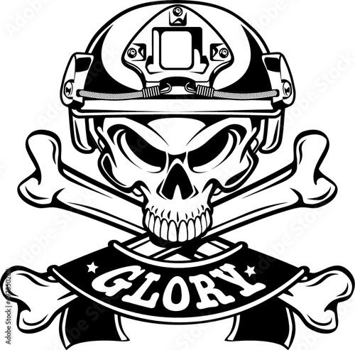human skull wearing military helmet and crossed bones