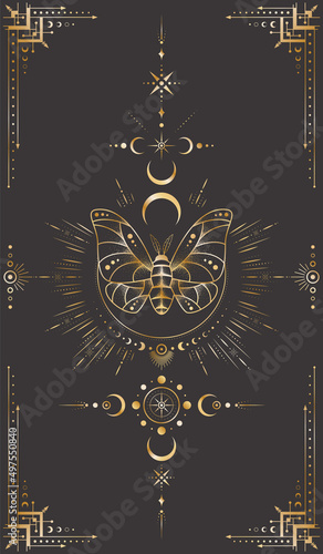Vector mystic celestial background with golden outline insect, stars, moon phases, crescents and frame with arrows. Occult linear backdrop with a magical butterfly. Sacred geometric tarot card cover