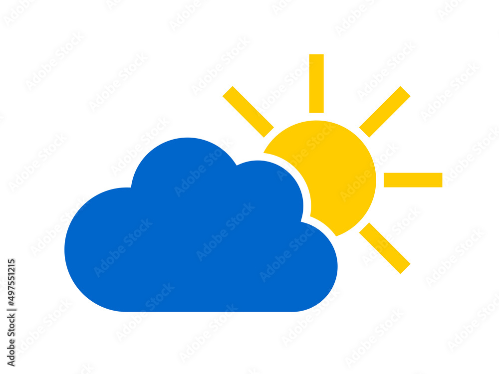 Blue cloud and yellow sun. Weather forecast icon isolated on white background. Blue cloud and yellow sun. Weather forecast icon isolated on white background.