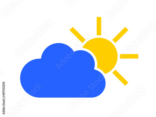 Blue cloud and yellow sun. Weather forecast icon isolated on white background. Vector.