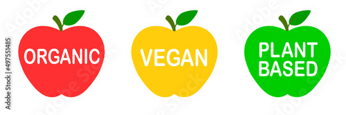 Plant based vegan food product label. Green apple-shaped stamp. Logo or icon. Plant-based diet. Sticker. Vegetarian. Organic