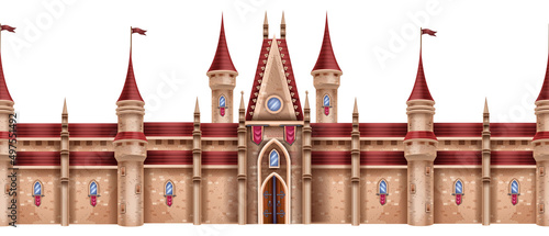 Medieval castle seamless border, magic fantasy fortress, vector stone palace game illustration. Ancient king tower, entrance gate, royal gothic UI architecture clipart roof. Medieval castle exterior