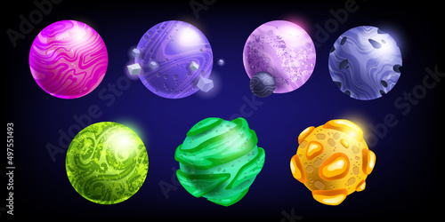 Alien planet game icon set, vector space cartoon fantasy worlds kit, stone magic cosmos asteroid. Fantastic astronomy design elements, UI stone rocks assets isolated on black. Alien planet clipart