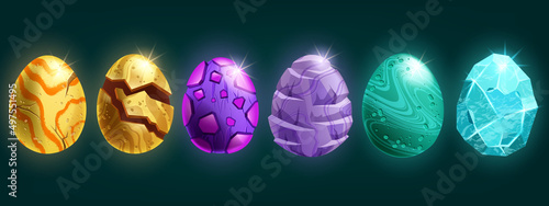 Dragon egg game icon set, vector cartoon magic dino stone kit, UI alien space rock, fairy easter collection. Ice crystal glossy dinosaur sphere, green cracked marble ball. Fantastic dragon egg