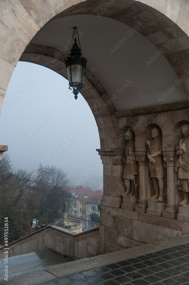 fishing castle in budapest in foggy weather. Eastern European culture, historical monuments of architecture. history, architecture of Hungary