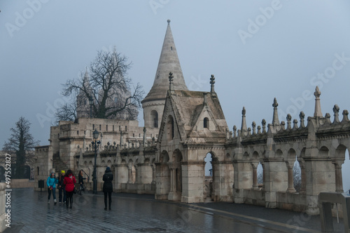 fishing castle in budapest in foggy weather. Eastern European culture, historical monuments of architecture. history, architecture of Hungary