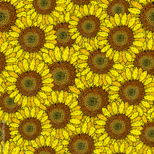 Seamless pattern with yellow hand drawn sunflowers