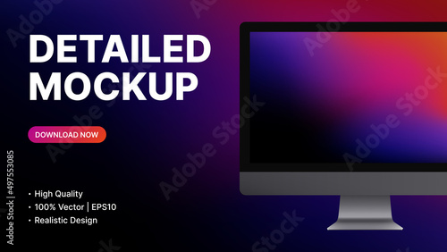 Detailed Computer Mockup. Realistic Device Front View with blank Screen. Promo Presentation for New Technology, App, Ui. Vector illustration