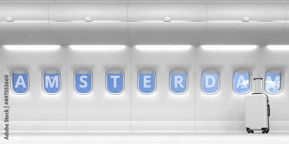 Airliner portholes with Amsterdam text. 3d rendering
