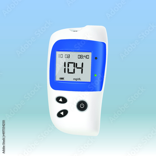 Vector design of a red glucometer showing 104 mg dl on a blue background