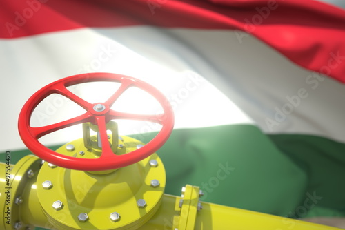Gas or oil pipe valve and flag of Hungary. Conceptual 3d rendering