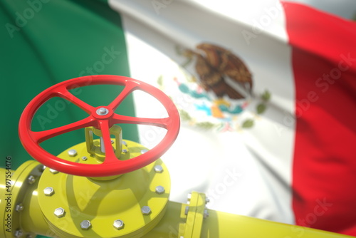 Oil or gas pipeline valve and flag of Mexico. 3d rendering