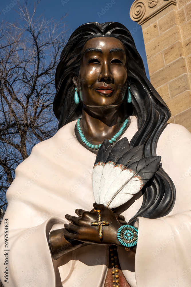 Naklejka premium Saint Kateri Tekakwitha statue at Cathedral Basilica of St. Francis of Assisi; Santa Fe, New Mexico