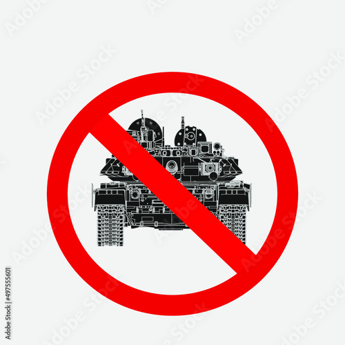 Vector illustration prohibiting tank sign. The black silhouette of the T-90 tank is crossed out.
