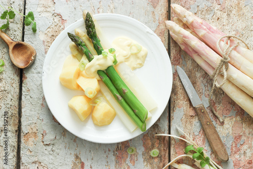 Spargel Weiß Grün Violett frisch Teller photo