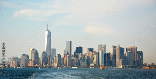 Panoramic image of lower Manhattan skyline from Staten Island Ferry boat, New York City