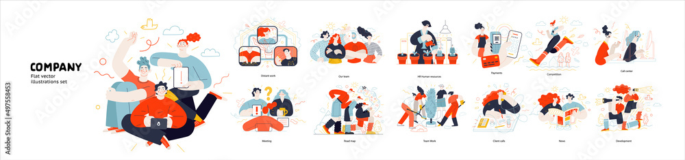 Business topics, company - modern outlined flat vector concept illustrations set, corporate Memphis style Business metaphor. Business topics, company - modern outlined flat vector concept illustrations set, corporate Memphis style Business metaphor.