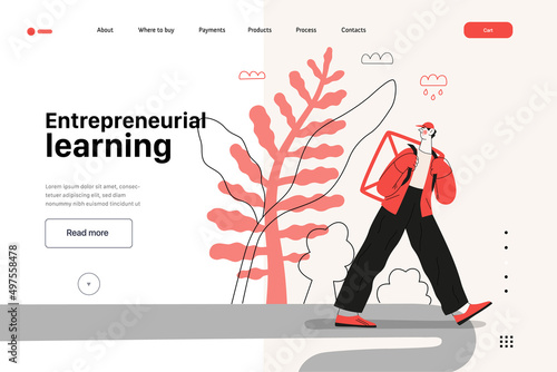 Startup illustration, website landing template Flat line vector modern concept illustration, startup metaphor. Concept of building new business, strategy, company processes. Entrepreneurial learning