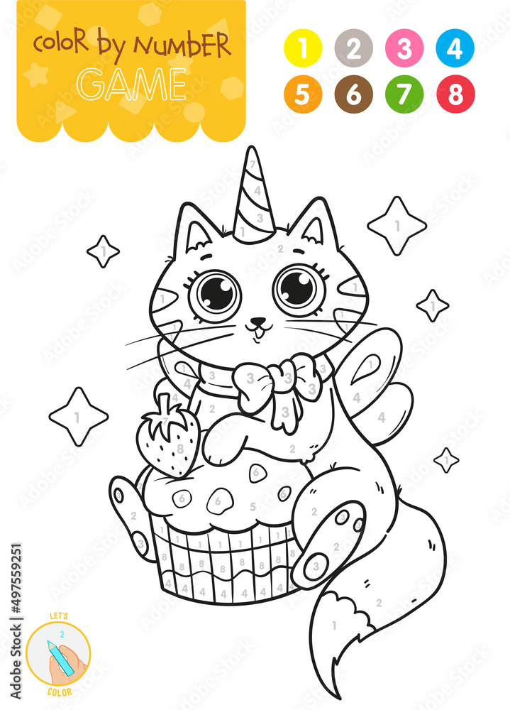 Color by number. Educational game for children. Cute cartoon cat ...