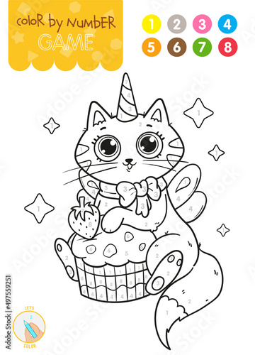 Color by number. Educational game for children. Cute cartoon cat unicorn with a cake.