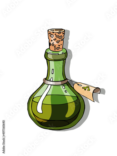 glass flask with green liquid glass flask with green liquid, a bottle with a label on a white background, Halloween
