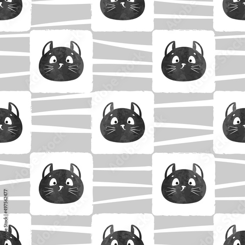 Seamless black cats faces p...