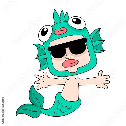 cool faced mermaid wearing sunglasses, doodle icon image kawaii