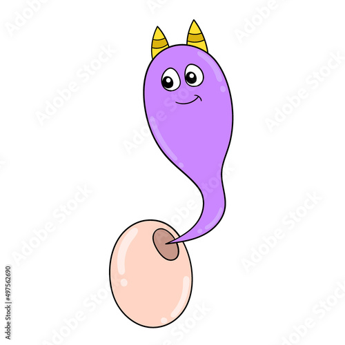 horned monster emerges from inside the egg, doodle icon image kawaii
