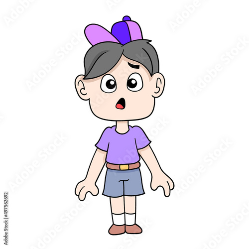 boy kid is standing looking surprised, doodle icon image kawaii