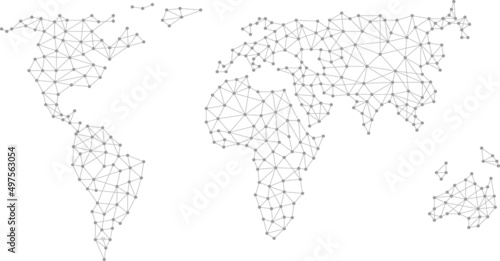 Vector illustration of a globe map with connected dots and lines on a white background
