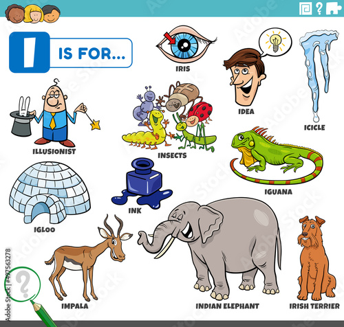 letter i words educational set with cartoon characters