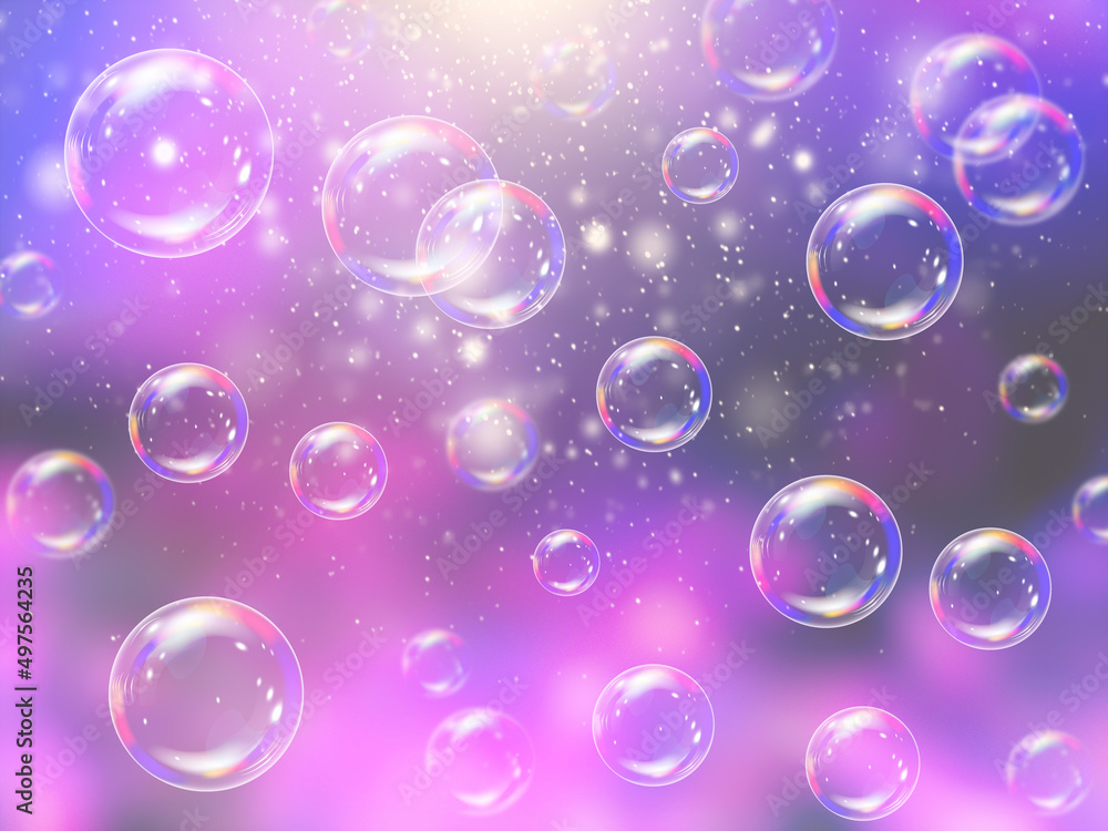 Abstract magenta background with soap bubbles and rays of light