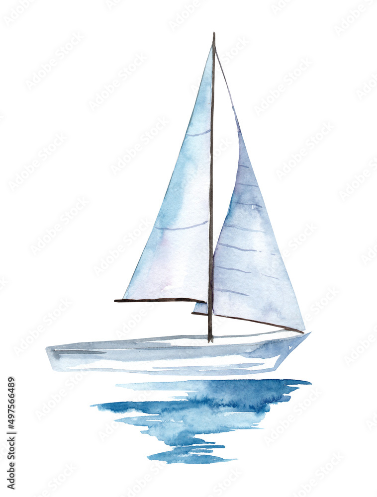 Sailing boat on the surface of the water. Watercolor illustration. Yacht