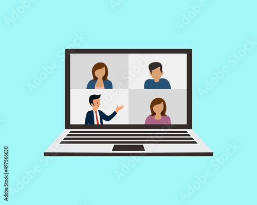 people connecting together, learning and meeting online via teleconference or video conference remote working on laptop computer, work from home and anywhere, flat vector illustration