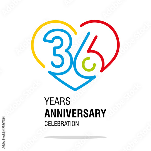 36 years anniversary celebration decoration colorful number bounded by a loving heart modern love line design logo icon white background