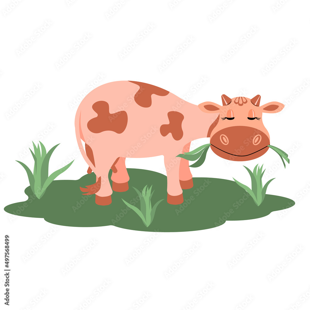 Cow on the lawn chewing grass, isolated on a white background.Vector illustration of a cow can be used in packaging of dairy products,textiles. Cow on the lawn chewing grass, isolated on a white background.Vector illustration of a cow can be used in packaging of dairy products,textiles.